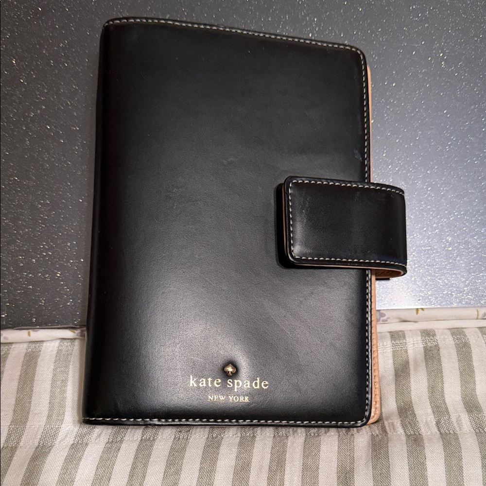 kate spade Black Leather Snap Planner with Gold Logo